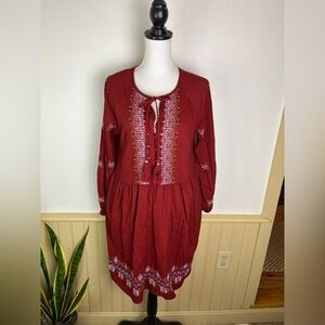 Knox Rose Boho Dress L Red Balloon Sleeve Embroidered Cottagecore Holiday Fit